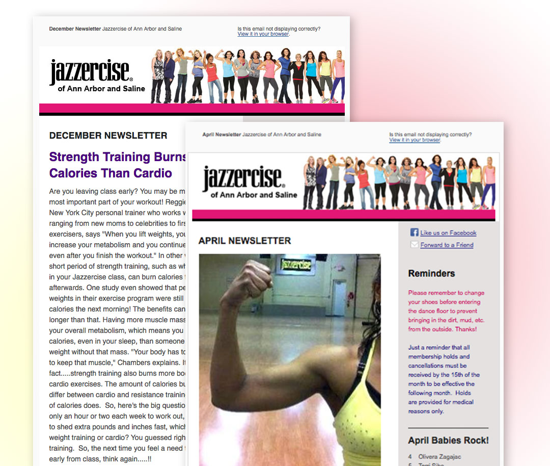Jazzercise Ann Arbor and Saline Email Campaign